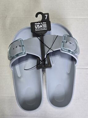 Made In The USA Light Blue Unisex Slide Sandals with Clear Buckle